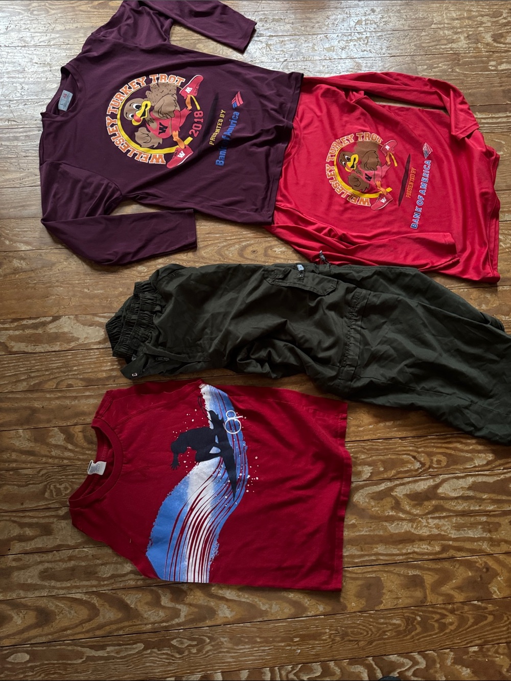 Nice road race shirts Wellesley Turkey trot 2 long sleeve shirt 1 tank 1 pant